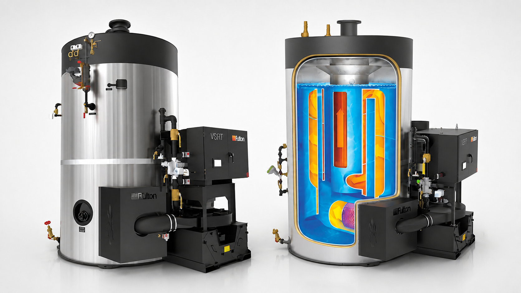 Fulton VSRT steam boiler and cutaway interior view